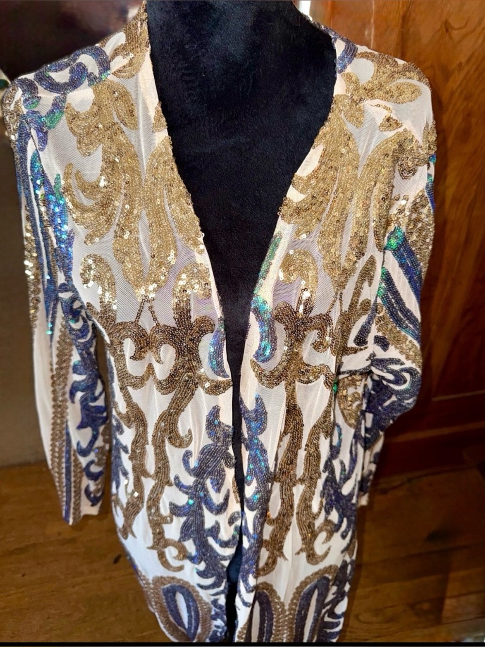 Southern Fried Chics Sequin Duster - Gold, Teal & Blue XXL